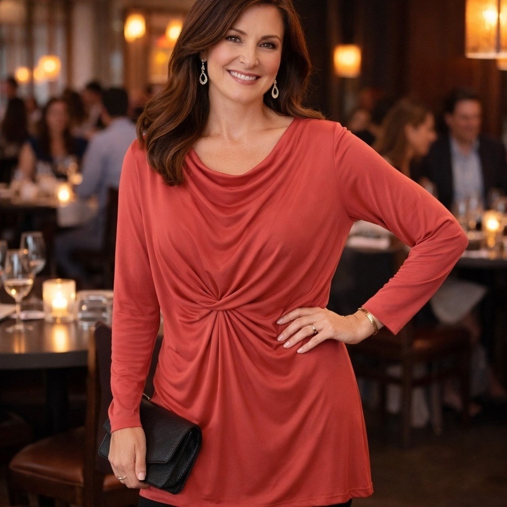 NWT Stella Carakasi Coral Pink Cowl Neck Twist Front Ruched Side Tunic Top S